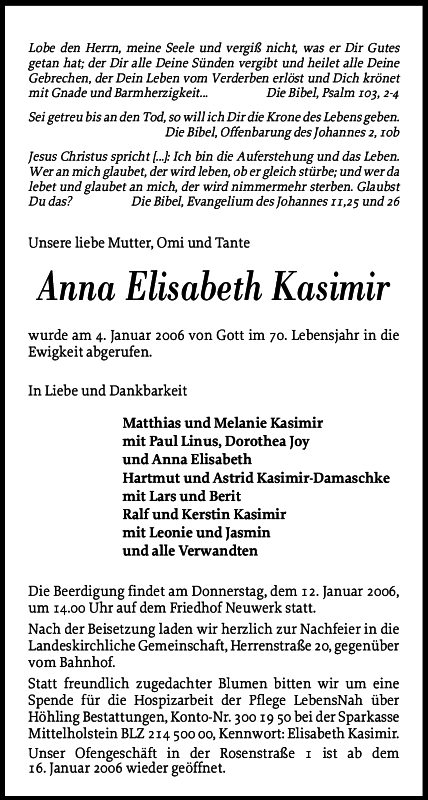 traueranzeige elisabeth kasimir